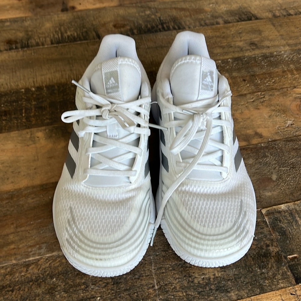 Women’s all white adidas volleyball court shoes